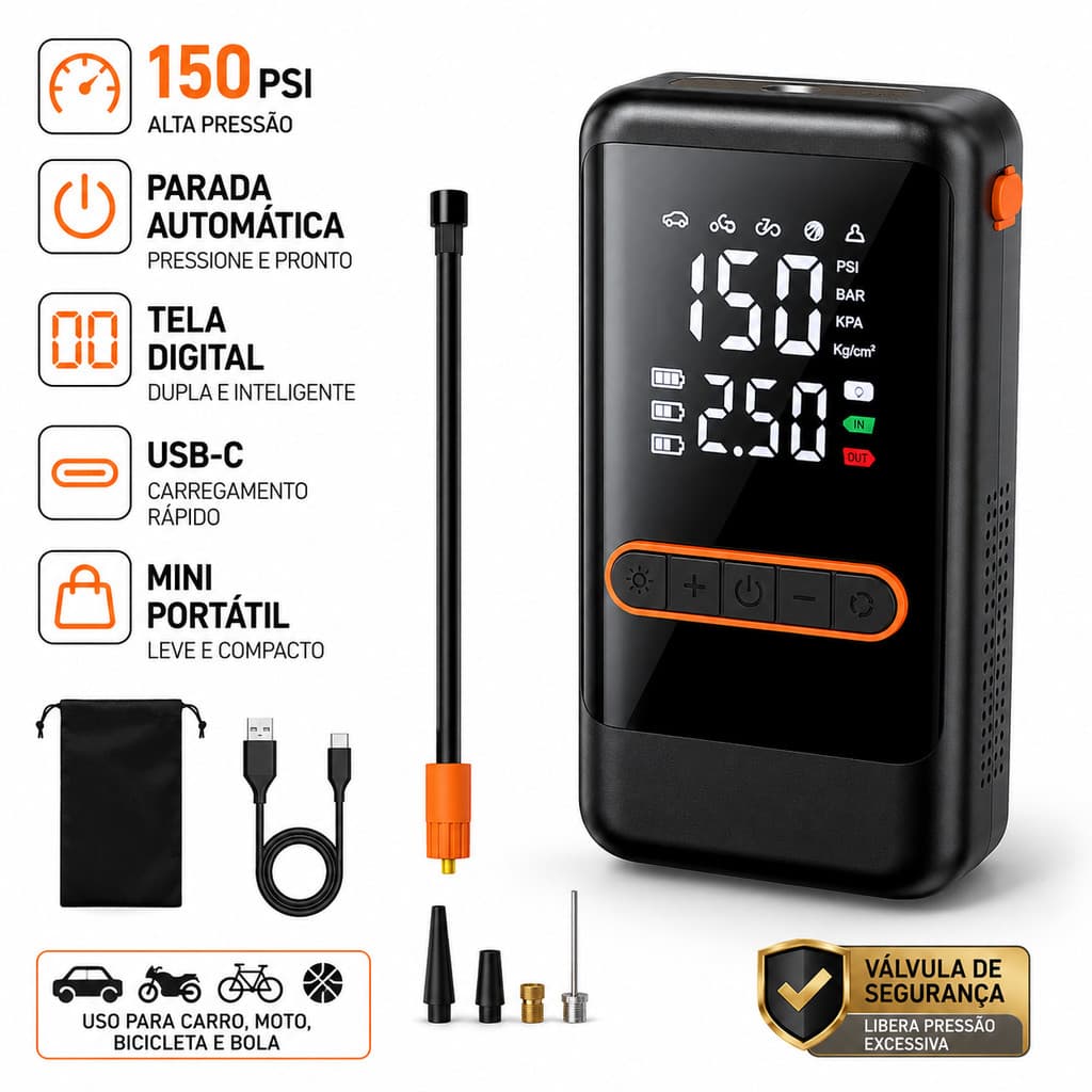 Mini Compressor de Ar Sem Fio Digital Recarregável Bomba Portátil Calibrador Pneu para Carro Moto Bicicleta e Bola