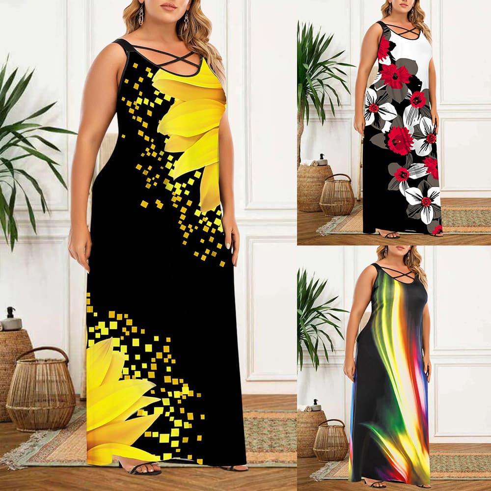 2026 novo estilo Cross-Border Casual moda na moda flor padrão de manga curta em torno do pescoço vestido WQ9