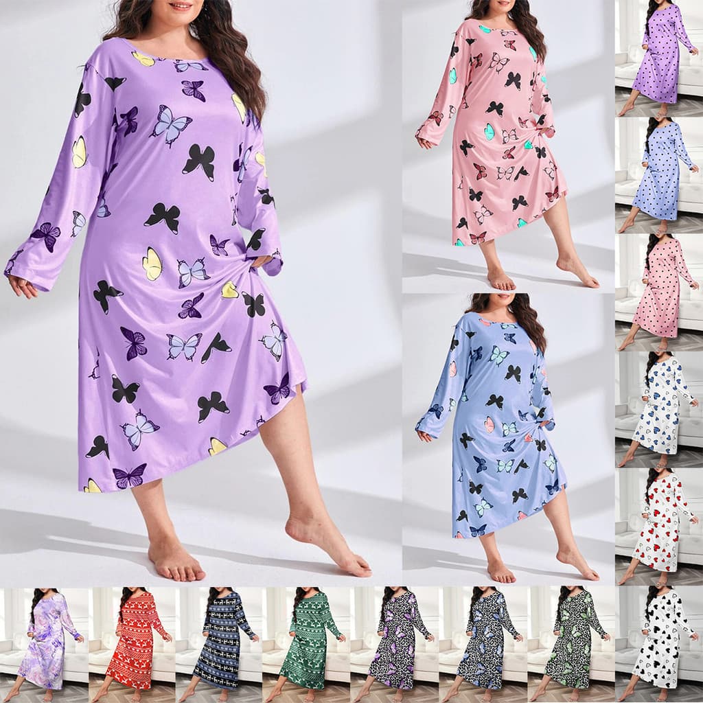 Vestido de noite longo feminino, plus size, com estampa de borboleta, coração e leopardo, com ombros à mostra.
