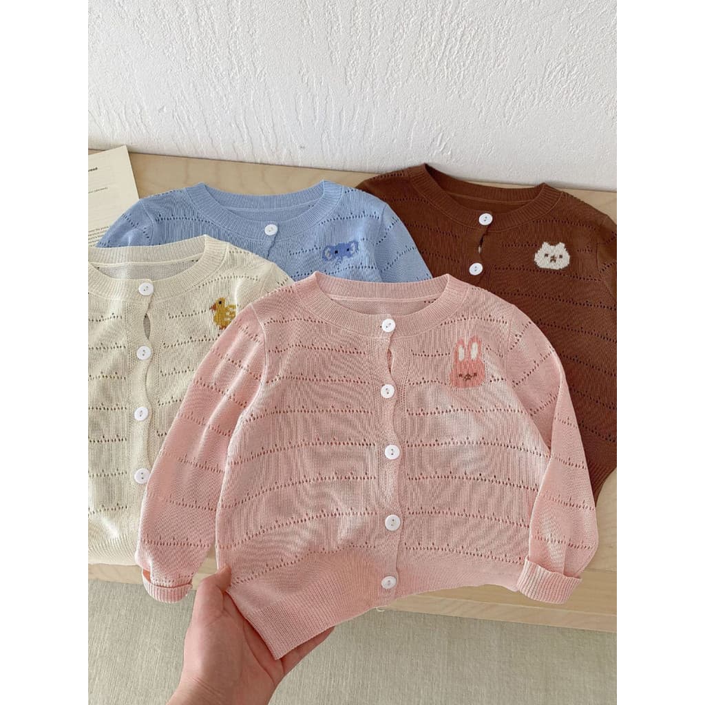 Meninas verão malha ar condicionado camisa 2026 moda infantil dos desenhos animados oco estilo fino All-Match Cardigan b