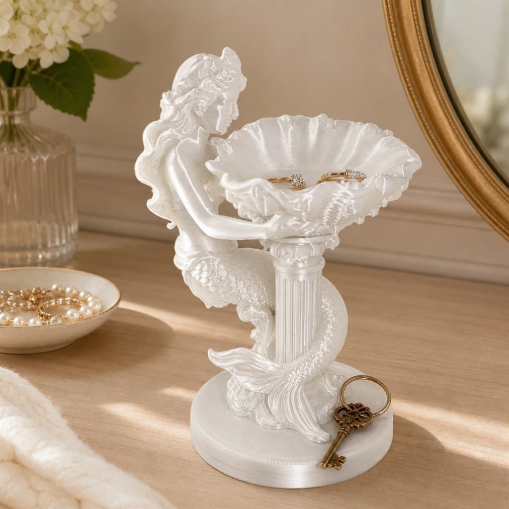 Enfeite Decorativo Sereia Com Concha 3D Porta-Anéis e Objetos Branco Pérola