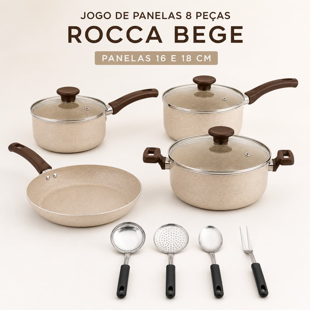 Jogo de Panelas Cerâmica Antiaderente 8 Peças Tampas de Vidro Panela Caçarola Bege Rocca
