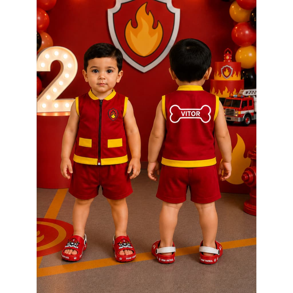 Kit Fantasia Infantil Marshall Personalizado + Sandália Patrulha Canina Roupa Conjunto Sapato Leve e Confortável