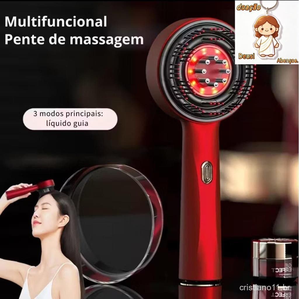 Escova de Massagem Capilar 2 em 1 com Luz Vermelha Estimula o Crescimento e Fortalece os Fios para Cabelos Saudáveis