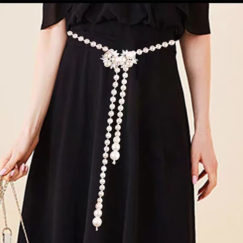 Corrente de cintura de pérola feminina novo estilo doce picante vestido decorativo Hanfu Shorts cinto incrustado strass