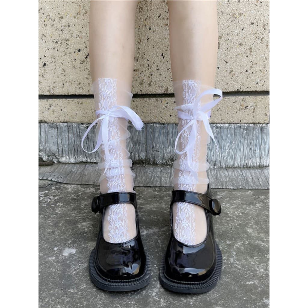 Meias de pilha de malha verão malha de vidro fino seda feminino coreano meias de renda média japonês rendas arco meias