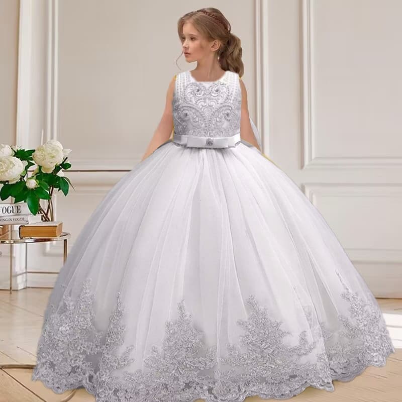 Vestido de Menina ABWV com Laço Grande Bordado Luxuoso, Vestido de Princesa para Festa de Aniversário, Vestido Longo par