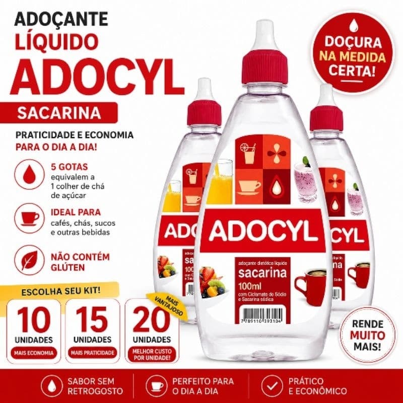 Adoçante Líquido Adocyl Sacarina 100ml Kit 10, 15 ou 20 Unidades