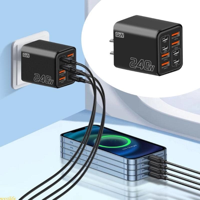 Multiports 240W GaNs Chargers Estação Carregamento Rápido 8 Portas USB C E A Para Viagens Escritór