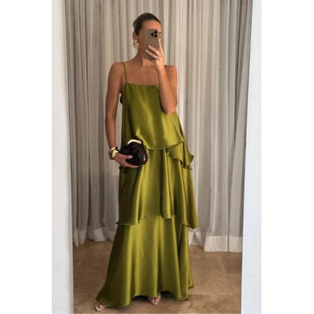 vestido de festa Longo Feminino de Verão Multicamadas Com Suspensório de Cor Sólida