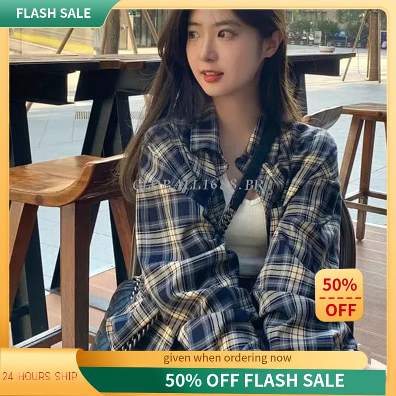 {ESTOQUE PRONTO} Camisa xadrez feminina primavera verão preguiçosa camisa solta manga comprida jaqueta cardigã