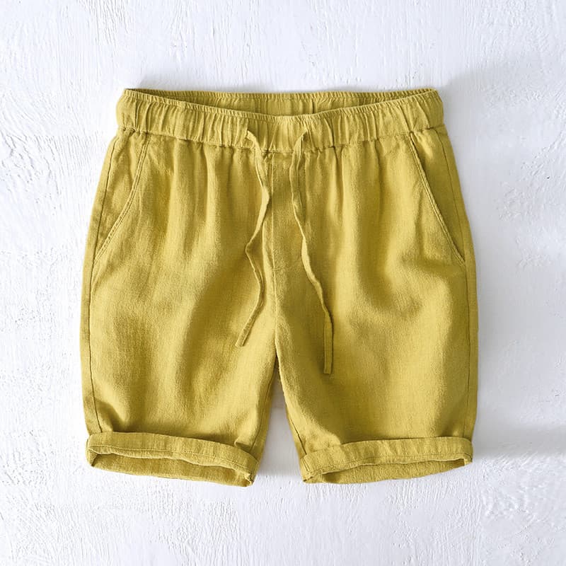 Verão estilo fino respirável em linha reta Ramie Shorts masculino praia calças de linho solto Casual algodão linho calça