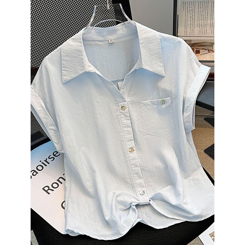 Camisa polo azul claro solta de manga curta feminina verão Casual All-Match solto manga Raglan boneca manga camisa polo