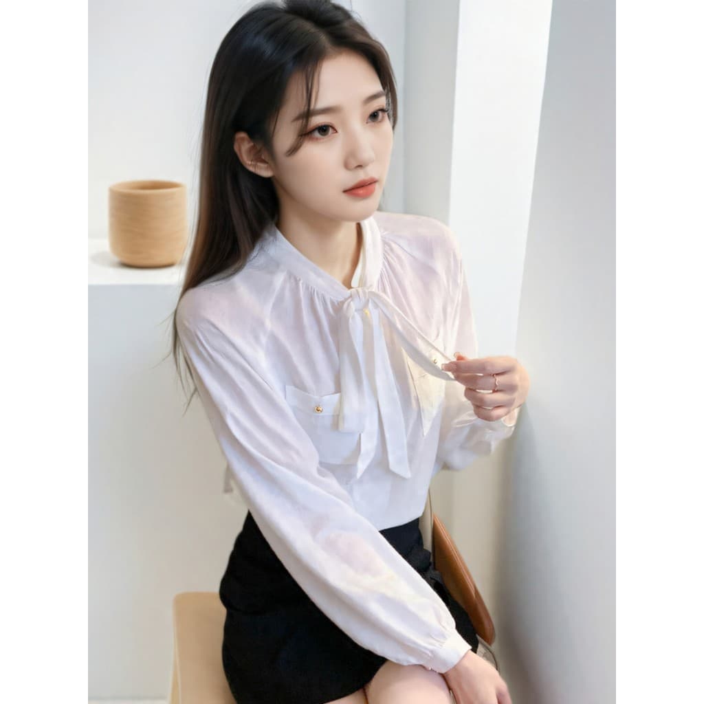 Outono francês rendas arco camisa feminina 2026 novo estilo manga Raglan Design borboleta botão Commuter camisa feminina
