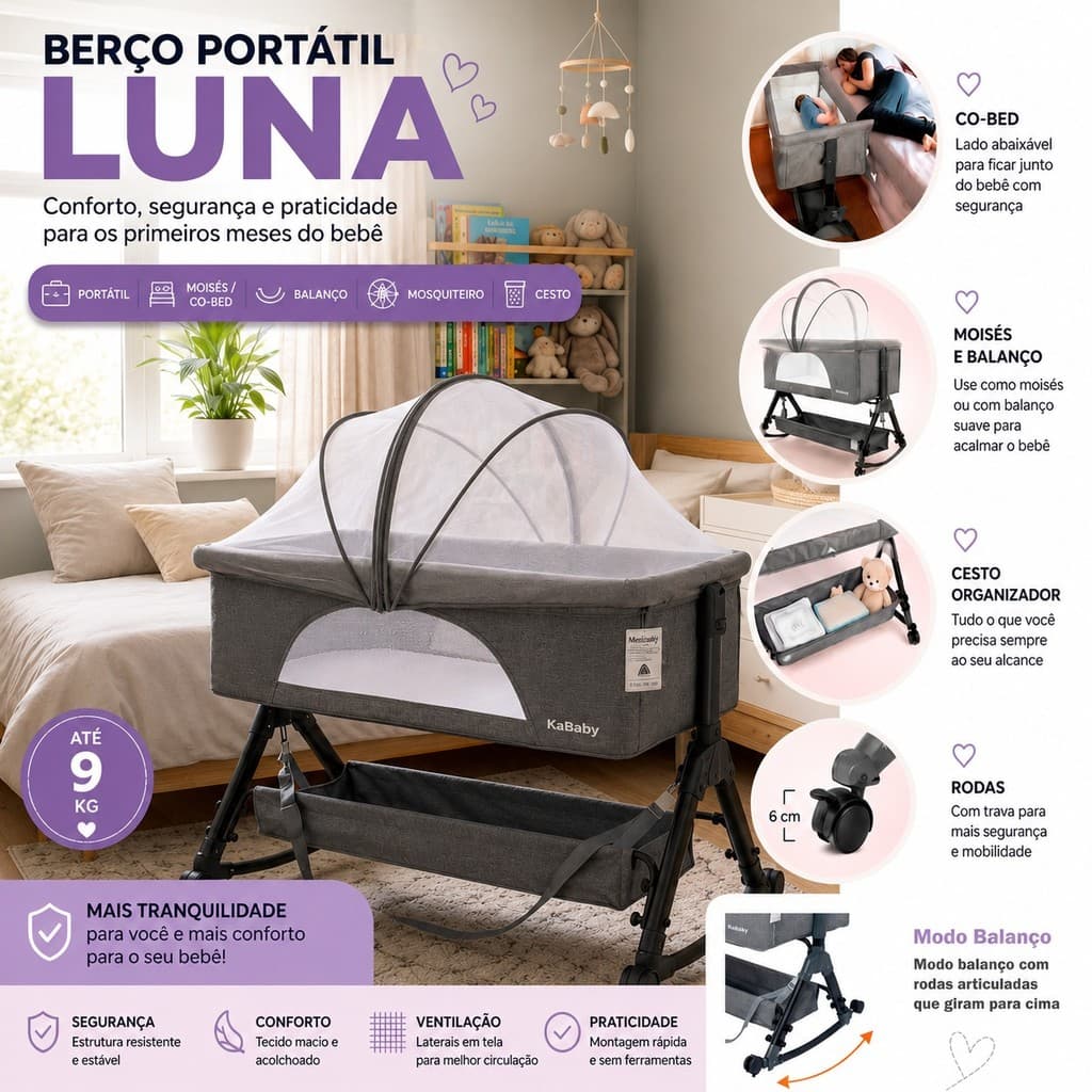 Berço de Bebê Co-bed Com Mosquiteiro Moisés Luna Linha Premium Sofisticado Exclusivo KaBaby