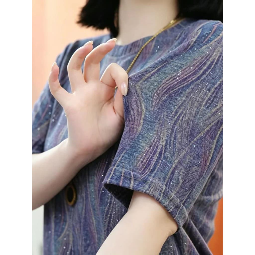 High-End senhoras verão manga curta camiseta roxo estilo ocidental feminino em torno do pescoço pequena camisa Casual Al