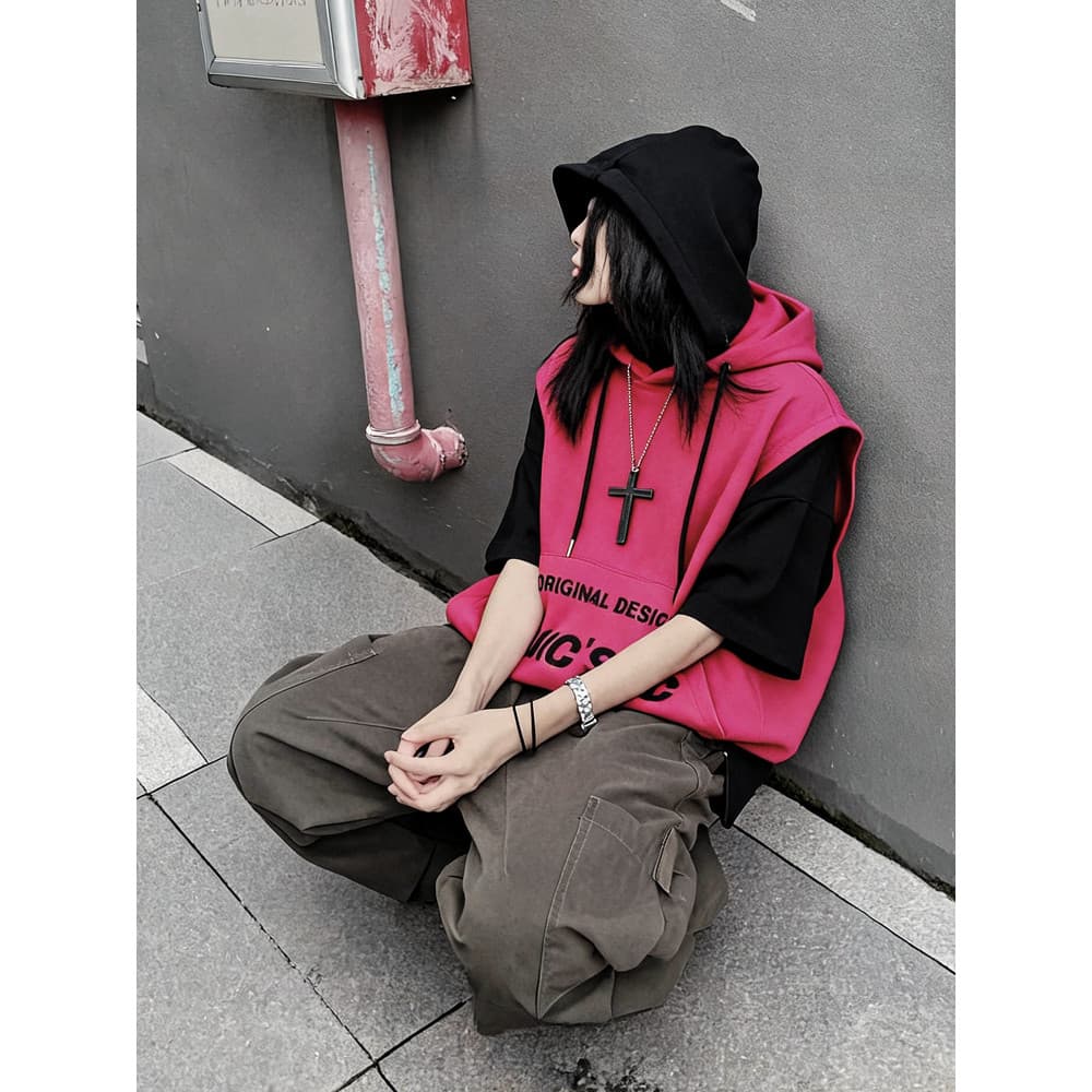 UUCSCC Verão Street Wear Design Solto Sensação Com Capuz Meia Manga Hip Hop Pesado oversize Manga Curta Camiseta Masculi