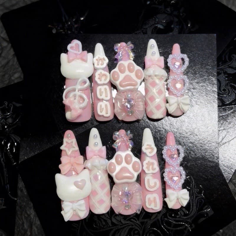 Jirai Kei Japonês Doce Menina Artesanal Imprensa Em Unhas Rosa Branco Gato Pata Arco Estrela Pérola Longo Stiletto