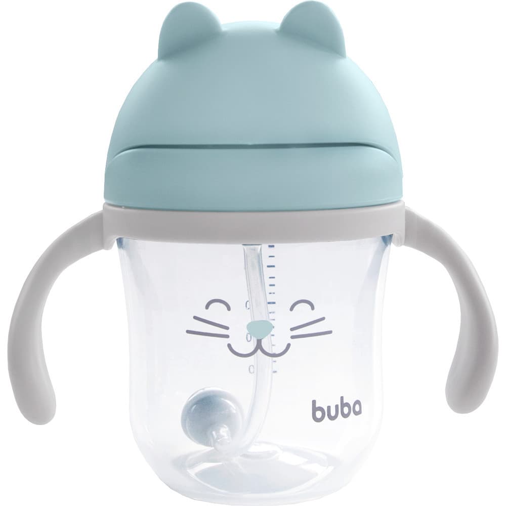 Copo Infantil Buba Gatinho Azul 220ml Com Canudo Silicone e Dispositivo