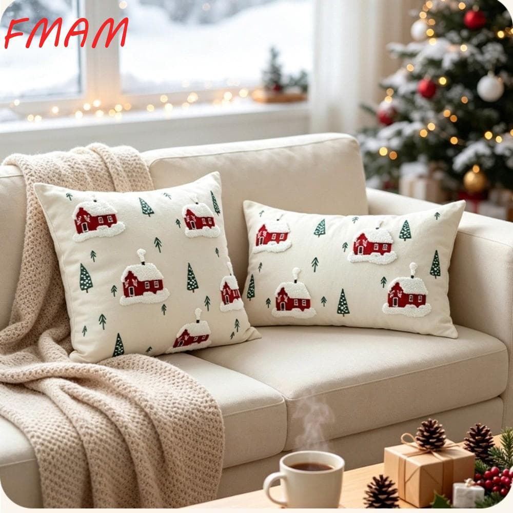 Capa De Almofada FMAM , Tufada Com Padrão De Natal Em Lona , Fronha Macia