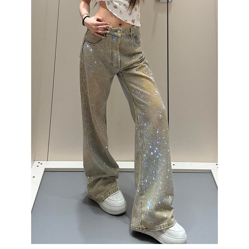 [Estilo mais vendido] American Hot Girl Design Feel Full Diamond Jeans Feminino Full Star Nicho Calças compridas retas [