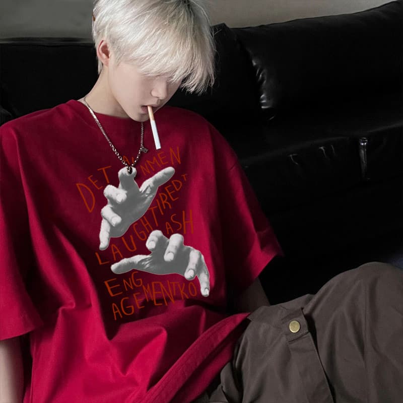 Vinho vermelho pesado camiseta puro algodão europeu americano rua Wear de manga curta meninos verão High street casal am