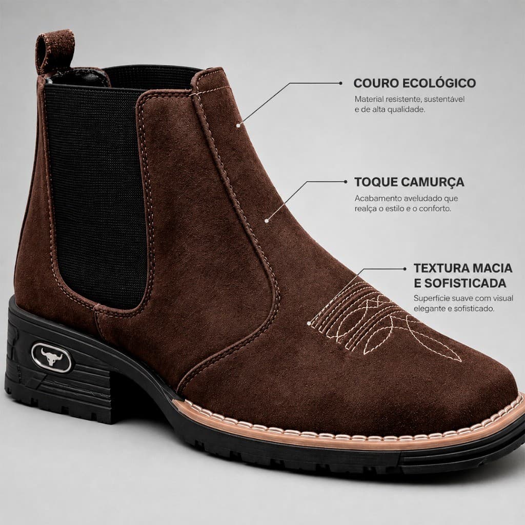 Botina Masculina Country Western Camurça Bordada Cano Curto Solado Borracha Premium