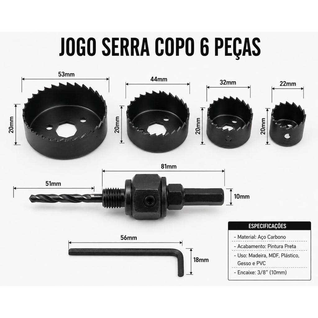 Jogo Serra Copo 6 Peças para Furadeira Madeira MDF PVC Gesso com Adaptador