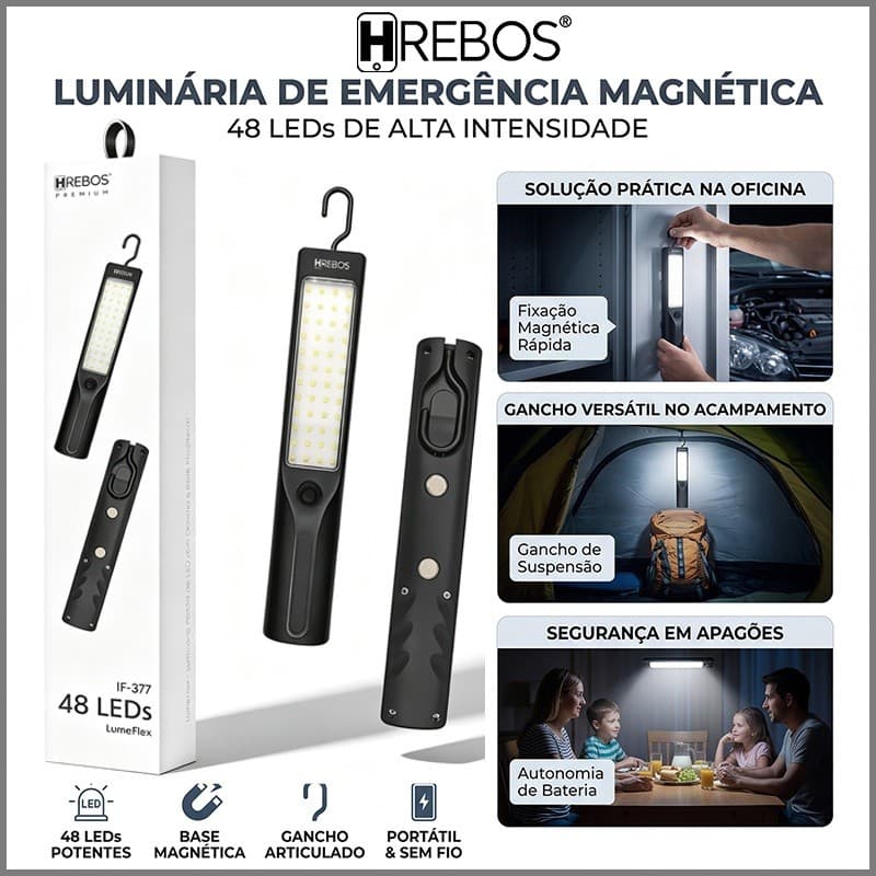 HREBOS Lâmpada recarregável portátil equipada com 48 contas LED de alto brilho Carregamento rápido USB, base magnética