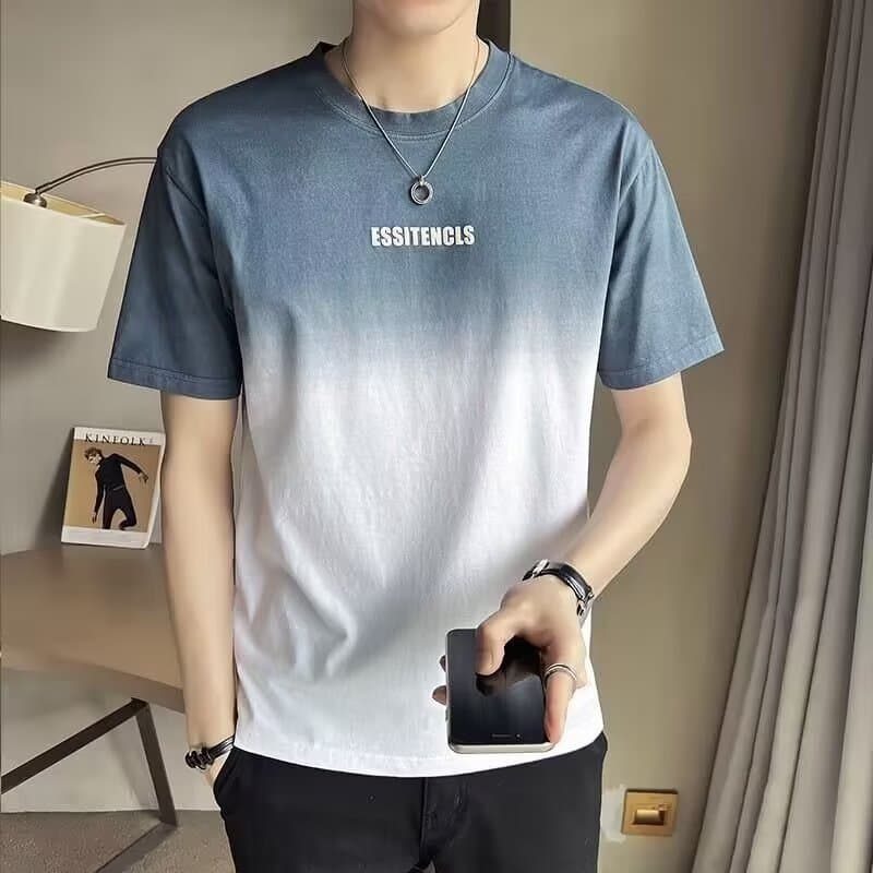 Verão masculino em torno do pescoço de manga curta camiseta de seda gelo gradiente cor camiseta masculina juventude meia