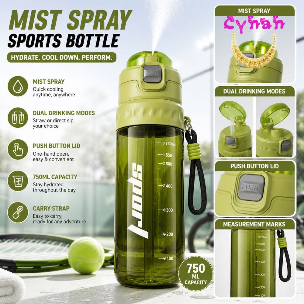 Garrafa De Spray De Névoa CYNAN , Água Esportiva De Plástico De 750ML De Palha Com Função