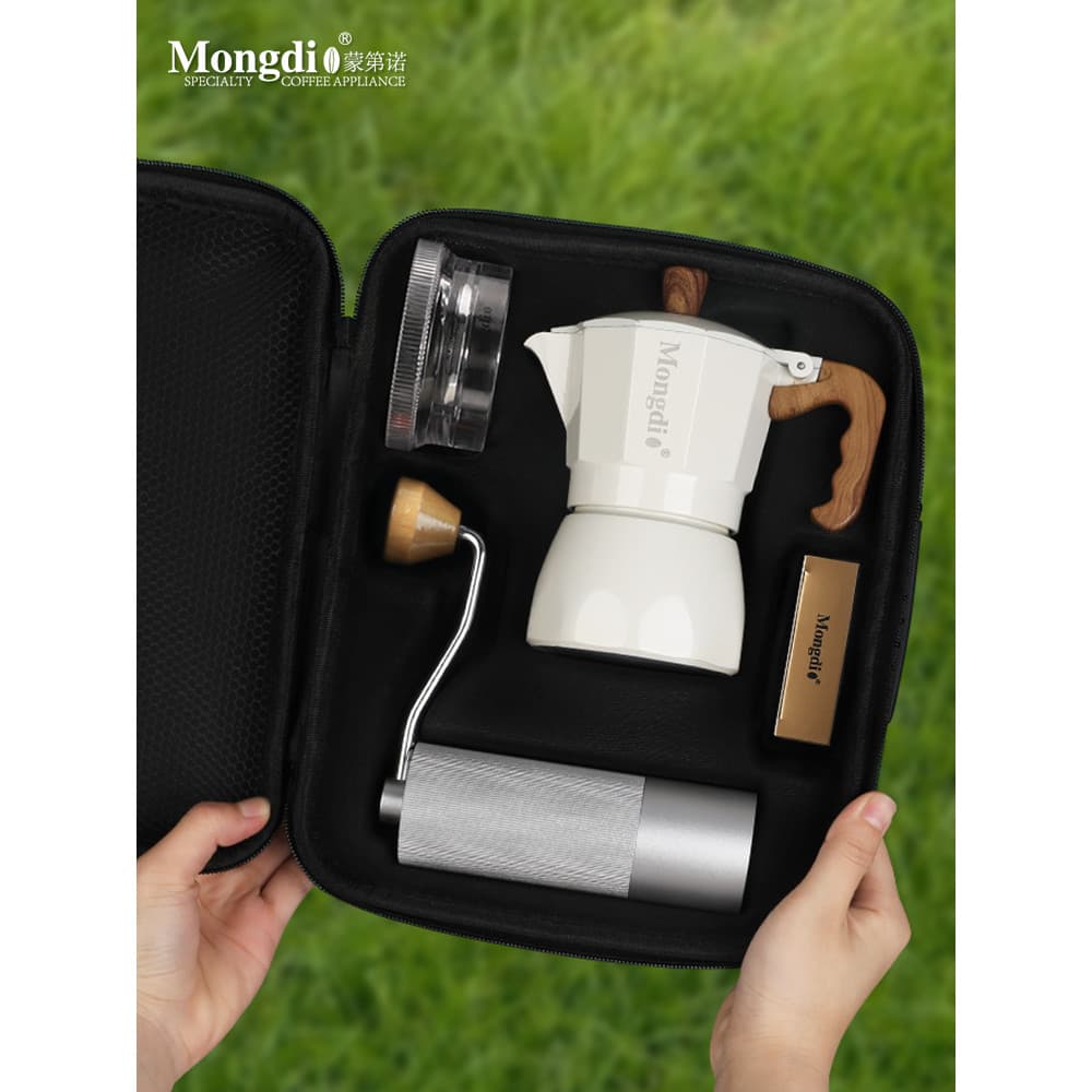 Mongdio válvula dupla Moka pote de café ao ar livre equipamento acampamento doméstico café fazendo pote moedor saco arma