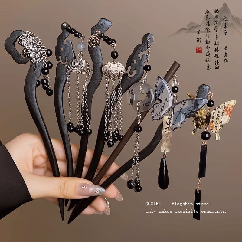 [22.000 avaliações positivas] Gancho de cabelo de ébano preto com borla em estilo chinês antigo, elegante gancho de cabe