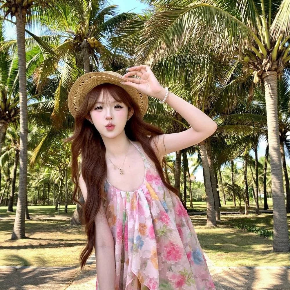 Filha rica miu série Yunnan Dali viagem férias Jacquard mancha Floral halter pescoço halter puro desejo vestido