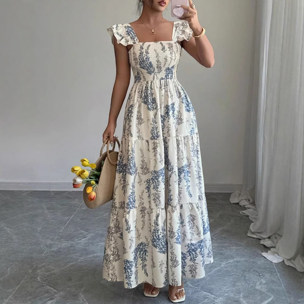 Vestido francês com gola quadrada, envio rápido, cintura estreita, saia longa, europeu, americano, transfronteiriço, nov