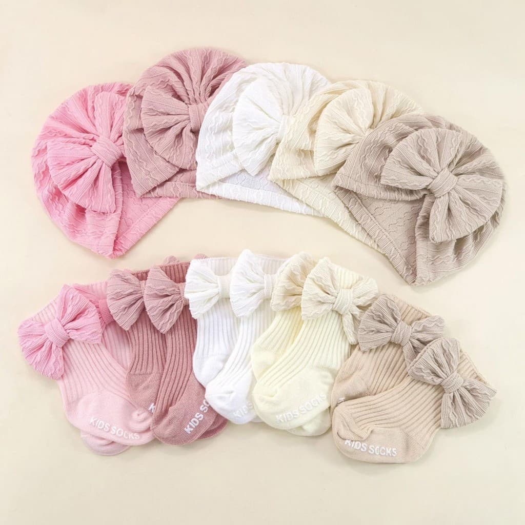 Conjunto de Turbante e Meias para Bebês Meninas, Bonito Gorro de Bebê com Laço Macio para Recém-Nascidos IIYM