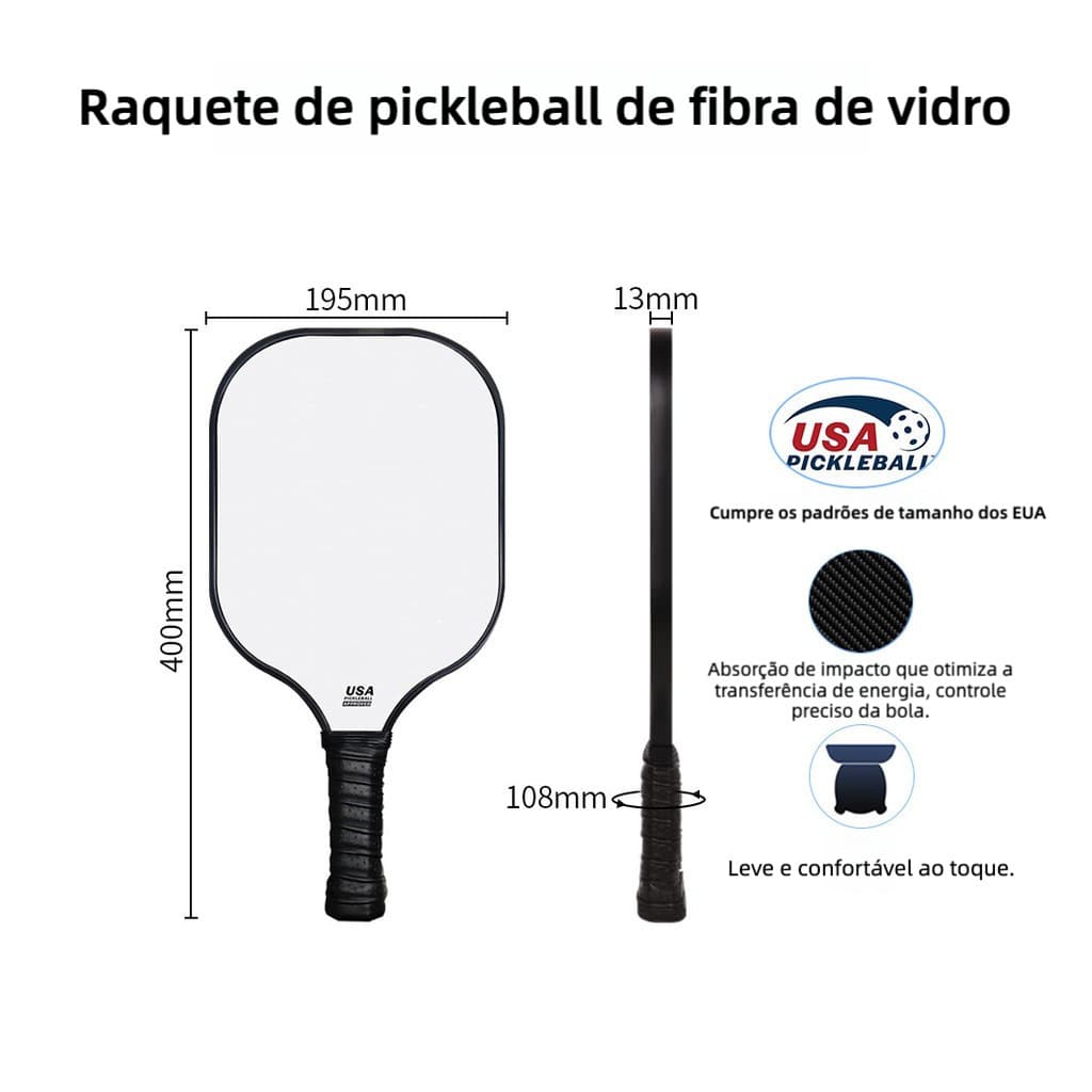 Raquete de Pickleball de Fibra de Vidro Leve de Face Única, Atende aos Padrões USAPA para Quadras Internas e Externas