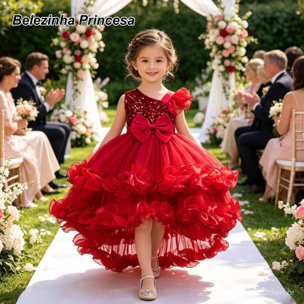 Vestido infantil com design assimétrico de ombros, ideal para festas de aniversário L0PH