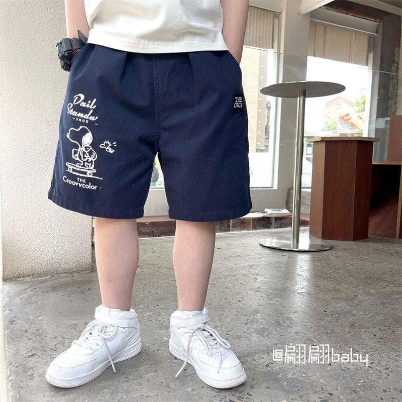 Calças cortadas para meninos, roupas infantis médias de algodão puro tecido Casual letras de desenho animado soltas cort