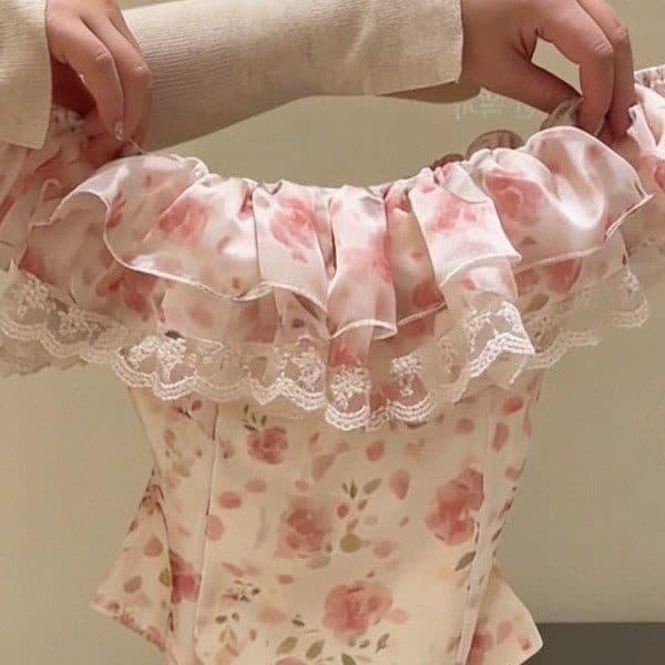 Francês doce estilo Floral babados renda costura tubo superior colete feminino primavera um ombro reduzindo a idade topo
