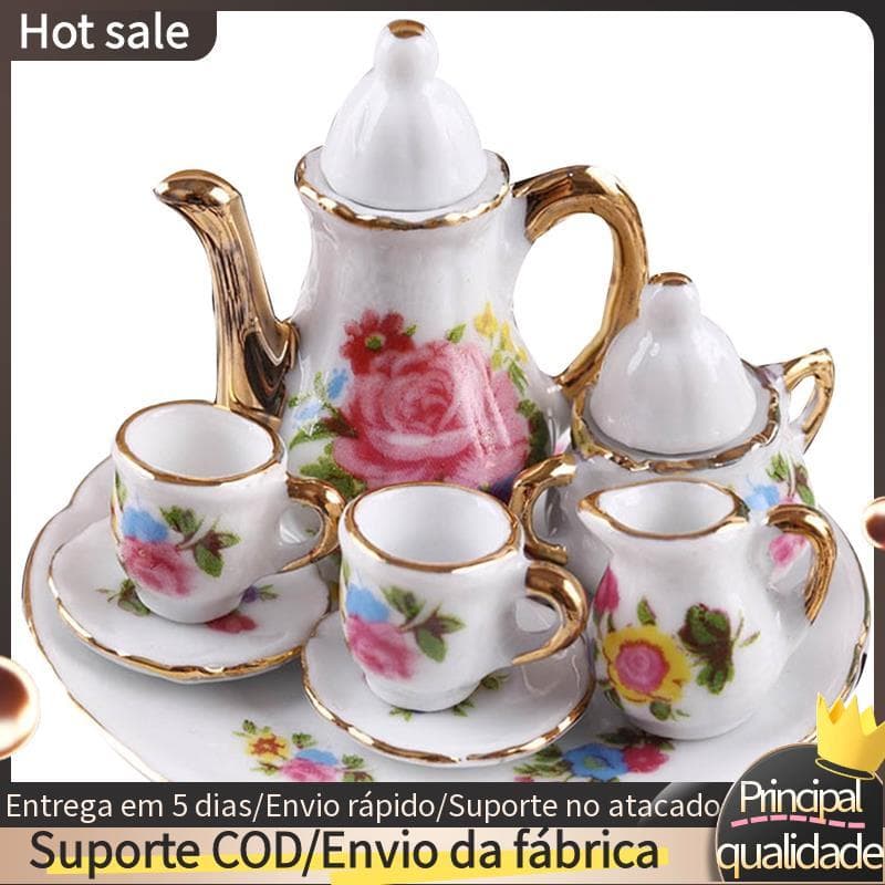 1 : 12 Conjunto De Xícara De Chá De Porcelana Em Miniatura Talheres Bule Cozinha Acessórios Para Casa De Bonecas Decoraç