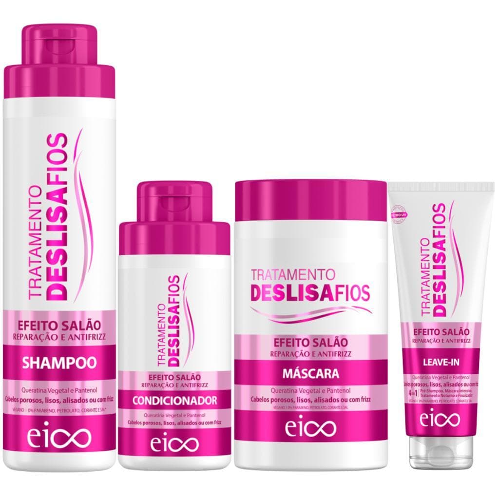 Eico Deslisa Fios Tratamento Antifrizz Shampoo 800ml Condicionador 450ml Máscara 1Kg Leave-In 200ml