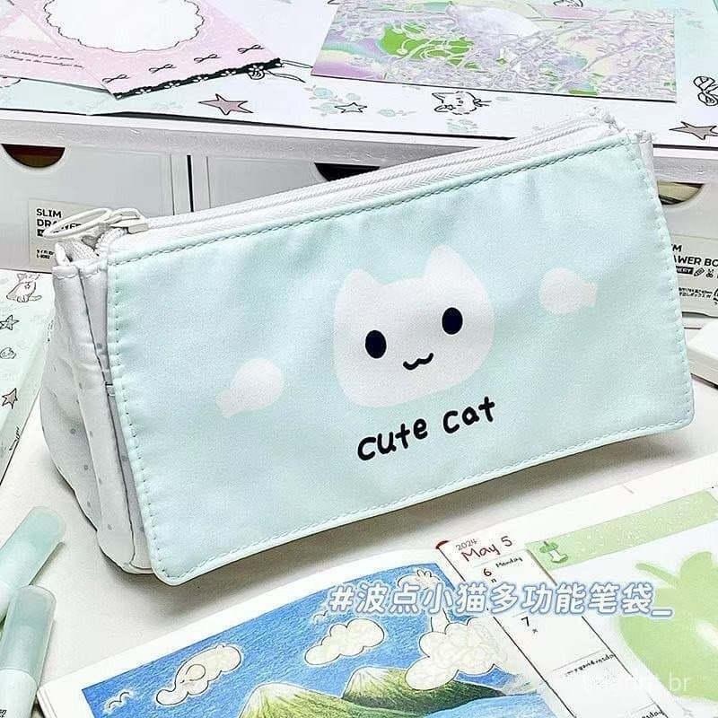 Estojo Ita Bag de Gato com Bolinhas Menta - Organizador Escolar com Múltiplos Compartimentos