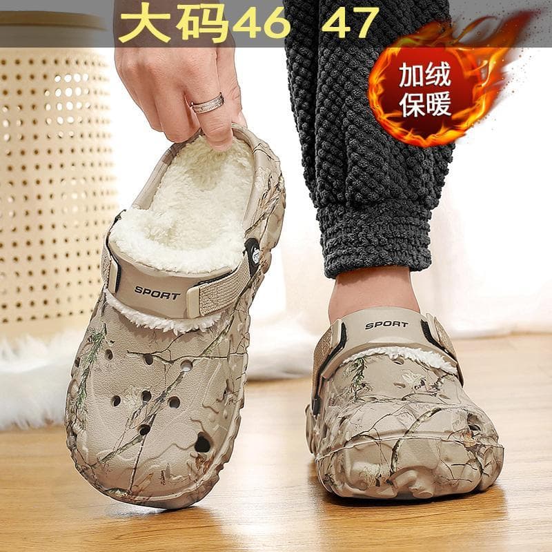 Inverno buraco sapatos tamanho grande mais veludo masculino exterior usar chinelos de algodão tamanho 47 Baotou chinelos