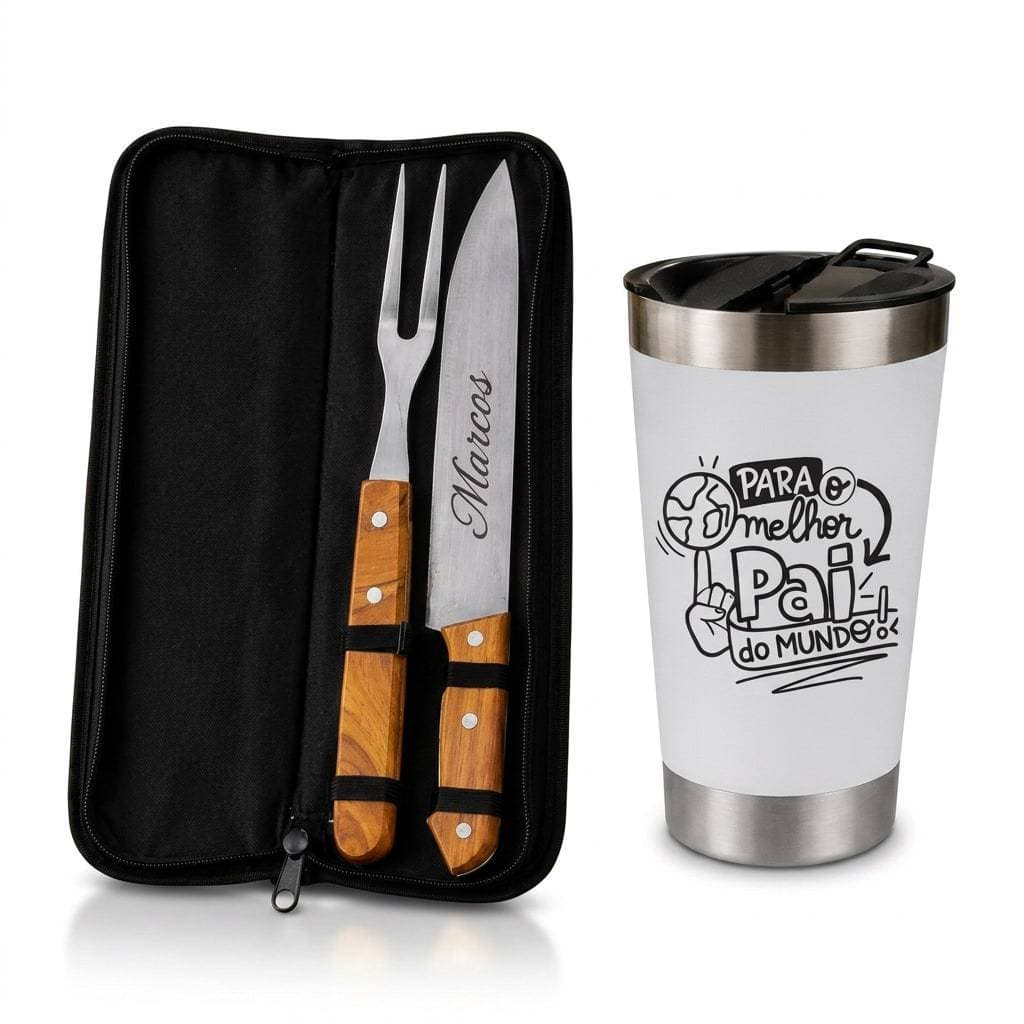 Kit Churrasco Copo Térmico Pais Namorado Noivo Faca Personalizada Nome Presente Brinde Casamento Aniversário Cozinha