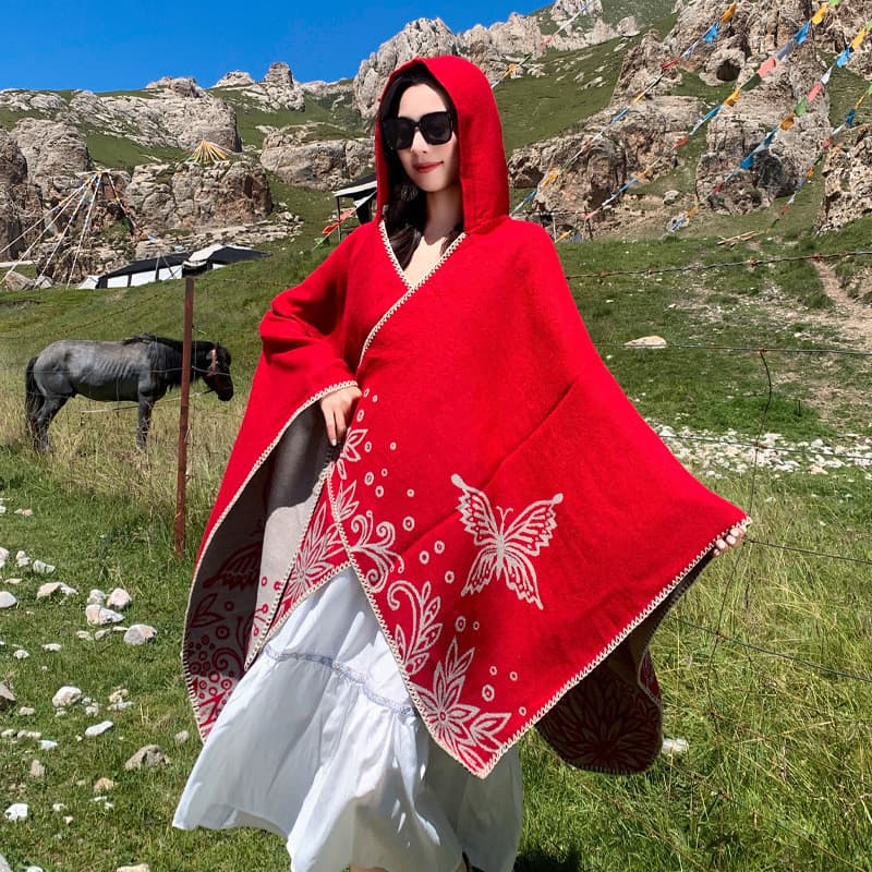 [Nova chegada] 2026 xale étnico com capuz engrossado quente feminino imitação de caxemira foto tibetana capa de viagem