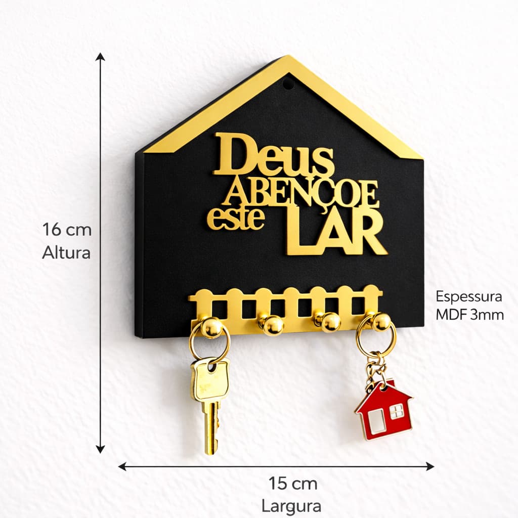 Porta Chaves em MDF Decoração com 4 Ganchos e Fita Dupla Face