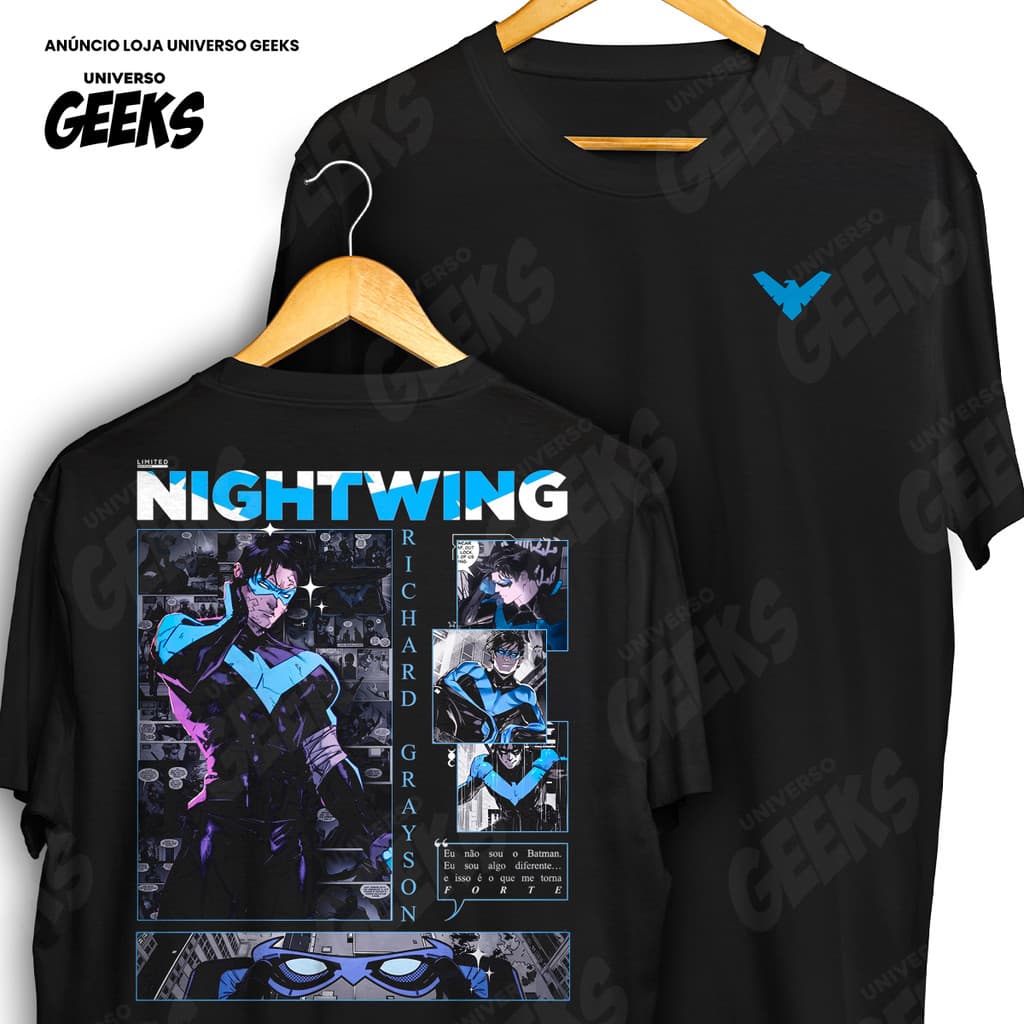 Camiseta Frente E Verso Asa Noturna Painel De Quadrinhos Camisa De Herói 100% Algodão