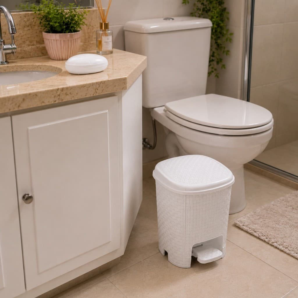 Kit Banheiro Lixeira 6 Litros com Pedal Saboneteira Porta Sabonete Rattan Organizador Lavabo Premium