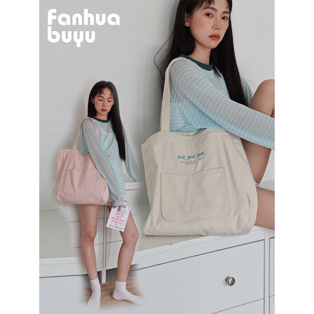 Fanhua Silencioso Bolsa de Lona com Zíper de Grande Capacidade Classe Feminina Simples Bolsa de Ombro Commuter Bowknot